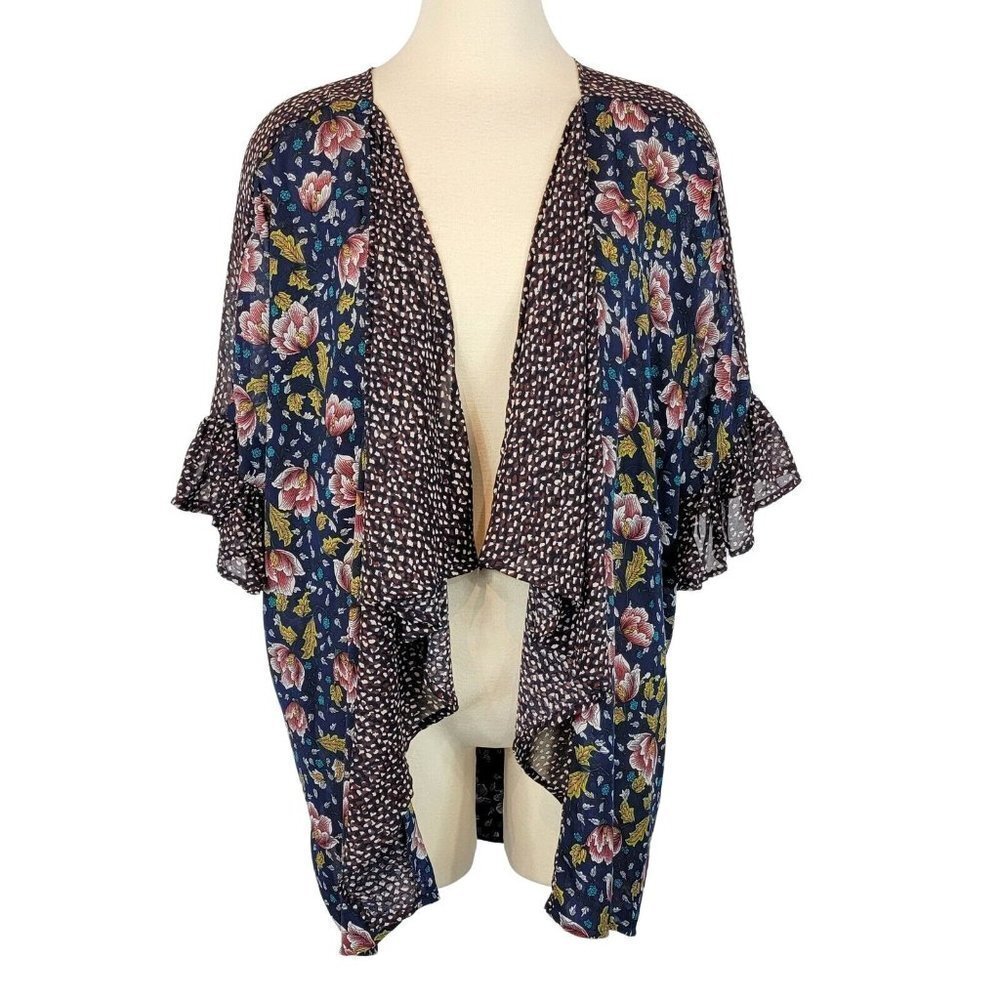 Umgee Sheer Mixed Print Bell Sleeve Boho Kimono Duster Coverup Size Small Medium